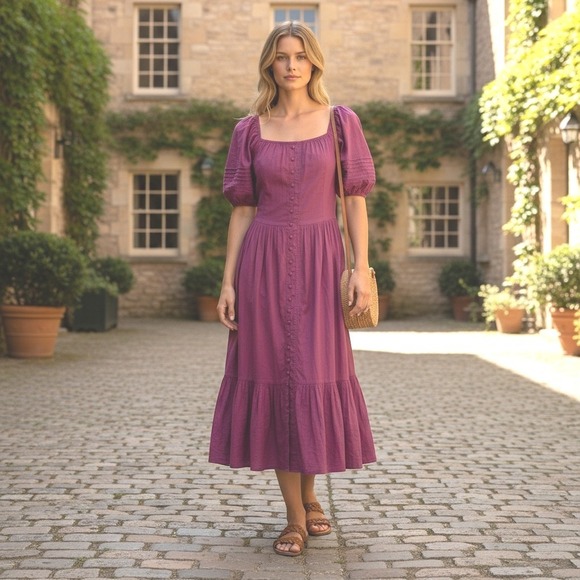 Skunk Dresses & Skirts - Skunk Brazil Magenta Cotton Puff Sleeve Button Front Tiered‎ Maxi Dress Size 38